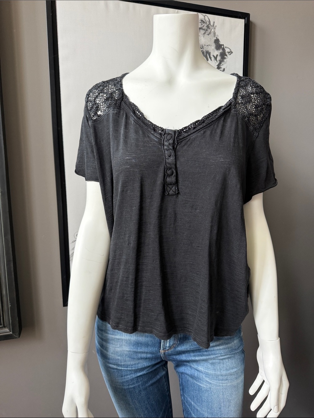 We The Free Black Lace Shoulder Short Sleeve Tee